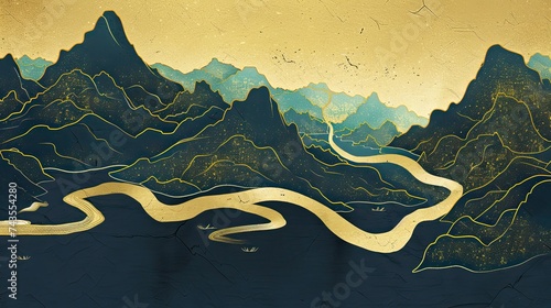 Modern, thousands of miles of rivers and mountains, minimalist, golden outline © paisorn