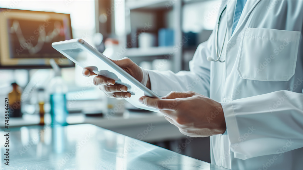 A doctor in a white lab coat is seen holding a tablet device in a laboratory setting, possibly reviewing medical records or research data.