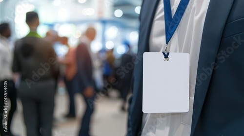 Professional at Networking Event with Blank Name Tag. Close-up of a professional in a suit at a networking event, featuring a blank name tag ready for personalization. photo