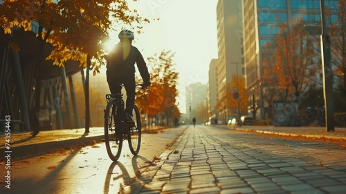 Urban Cyclist on Autumn Morning Commute. A cyclist rides along a city path lined with golden autumn leaves, with the morning sun casting a warm glow on the surroundings. © auc