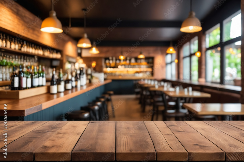 Defocused background and bottles of restaurant bar or cafeteria background wooden table top for pro