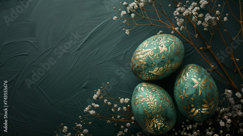 flat lay glossy green Easter eggs with gold decor and floral branches on dark background. free space