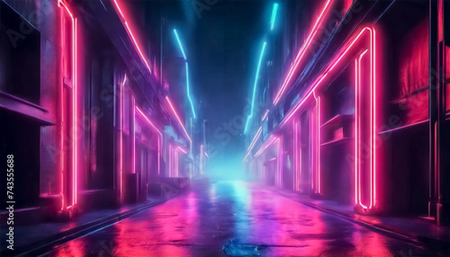 Notturno Futuristico- Strada Deserta Illuminata da Luci Neon e Avvolta dalla Nebbia