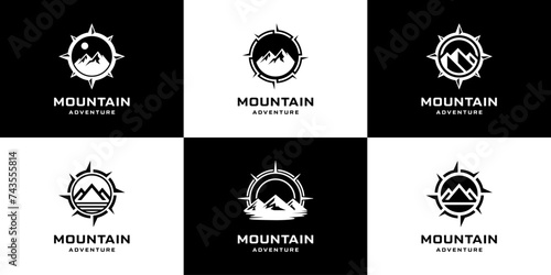 Set of mountain compass logo design template.