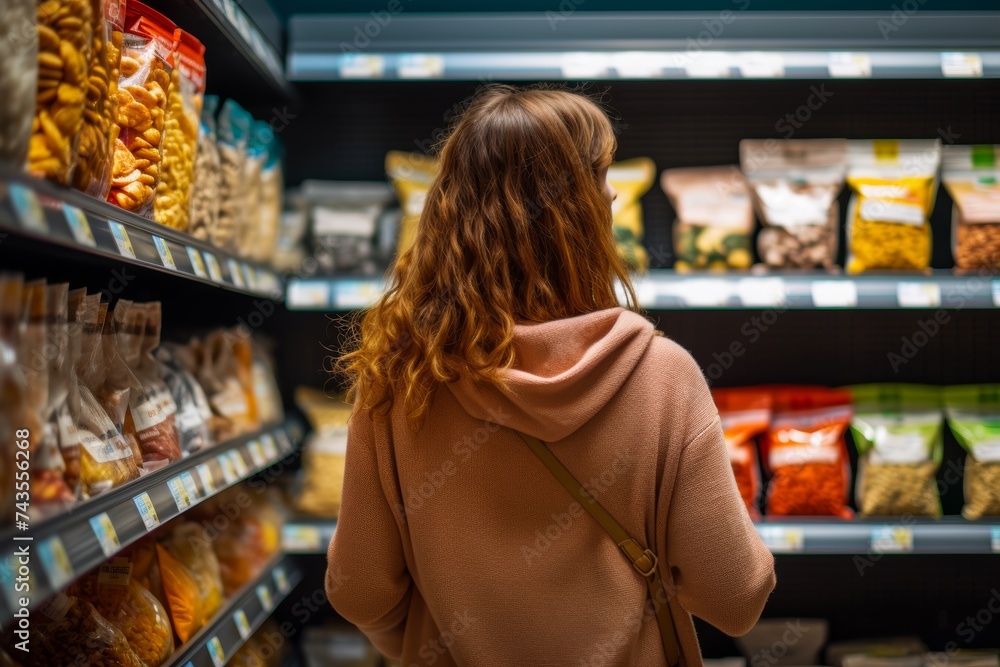 A young woman browsing through a wide selection of plant-based protein products, embracing New Food Restrictions for ethical and health reasons, with FDA-approved packaging visible