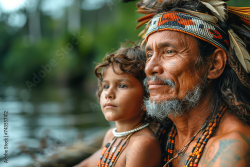 Amazon tribe. Portrait of a father with his son in the jungle. © Alfonso Soler