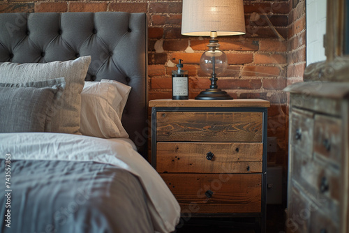 Wooden drawer nightstand near bed with grey fabric headboard. Loft interior design of modern bedroom with brown brick wall pattern wallpaper.