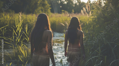 Indigenous communities, two indigenous women walking along a river at sunset