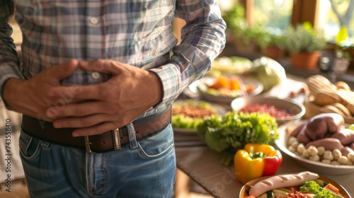a man holds his stomach on the background of a table with food, the concept of stomach problems, indigestion, bloating photo