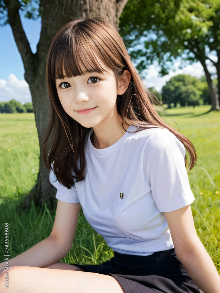 緑の大地に笑顔で座る若い女性