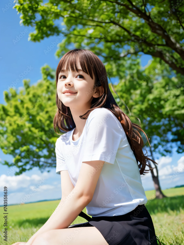 緑の大地に笑顔で座る若い女性 緑の大地に笑顔で座る若い女性