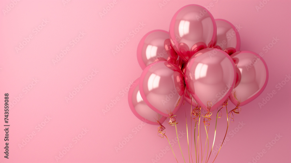 pink shiny metallic balloons with ribbons and sparkles on a pink background
