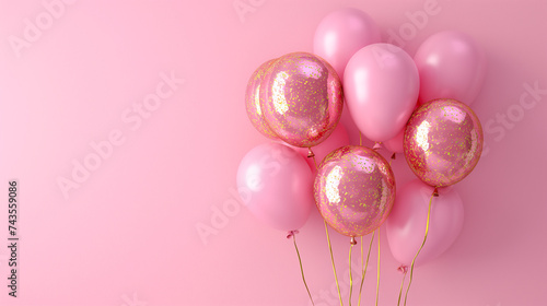 pink shiny metallic balloons with ribbons and sparkles on a pink background
