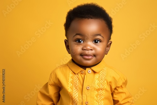  1,5-year-old Nigerian toddler boy in vibrant Nigerian dress against a soft yellow pastel solid background, copy space