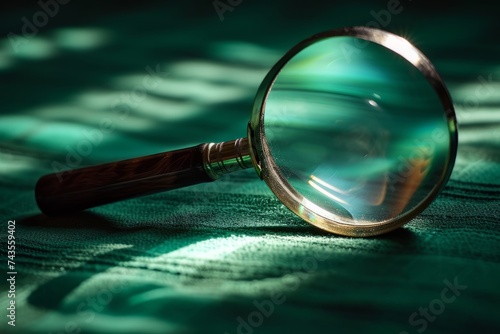 Magnifying glass on a green background. Glass loupe on a green background.