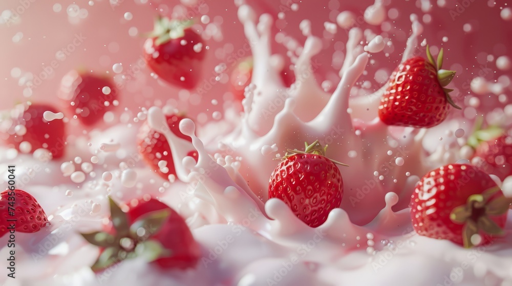 Red strawberry fruits falling into the milky splash. Red strawberry fruits falling into the milky splash.