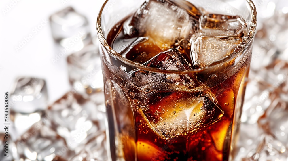 A refreshing glass of coke with ice on a white backdrop. - obrazy, fototapety, plakaty 