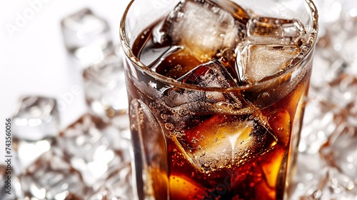 A refreshing glass of coke with ice on a white backdrop. photo