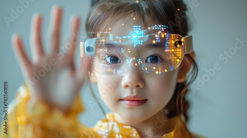 Portrait of little girl in VR goggles.Concept of metaverse