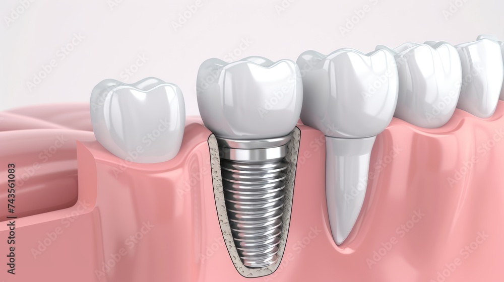 3D illustration highlighting a false tooth implant in a row of perfect teeth, showcasing modern dental solutions for a flawless smile. 3D illustration highlighting a false tooth implant in a row of perfect teeth, showcasing modern dental solutions for a flawless smile.
