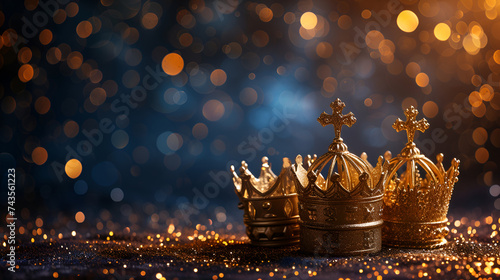 Three shiny golden crowns on navy blue background, generative ai
