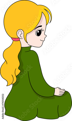 cartoon doodle illustration of Muslim worship, a girl wearing a green dress is sitting in meditation and restraining herself