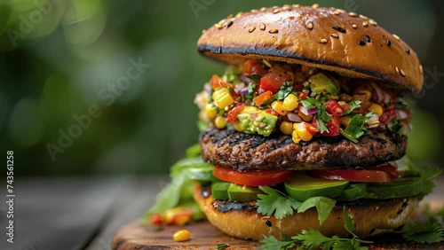 The ultimate grilling experience a flamegrilled veggie burger topped with a homemade avocado and corn salsa adding a fresh and creamy twist to the smoky flavors. Bite into photo