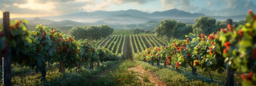 Ripe grapes hang from vines in a sprawling vineyard, capturing the essence of a serene sunset. The soft golden light creates a tranquil mood over the rich soil. - obrazy, fototapety, plakaty 