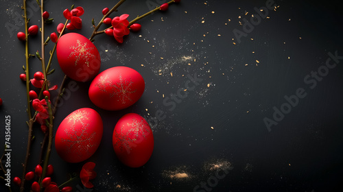 flat lay red Easter eggs with golden decoration and floral branches on black background. free space