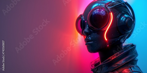 futuristic robot sentinel, its eye glowing with a vigilant red hue, set against a stark red backdrop, embodying high-tech surveillance.