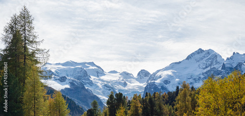 Morteratsch, Switzerland - October 15th 2023: Panoramic view towards the highest Bernina mountains