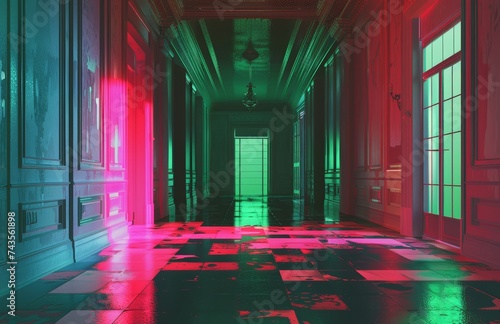 vintage corridor bathed in neon pink and green lights, casting a vibrant glow on the checkered floor, creating a scene of retro-futuristic intrigue.