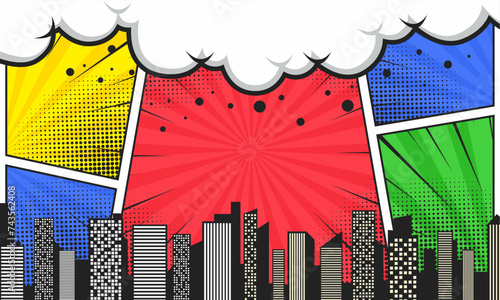Colorful comic scene background with city silhouette