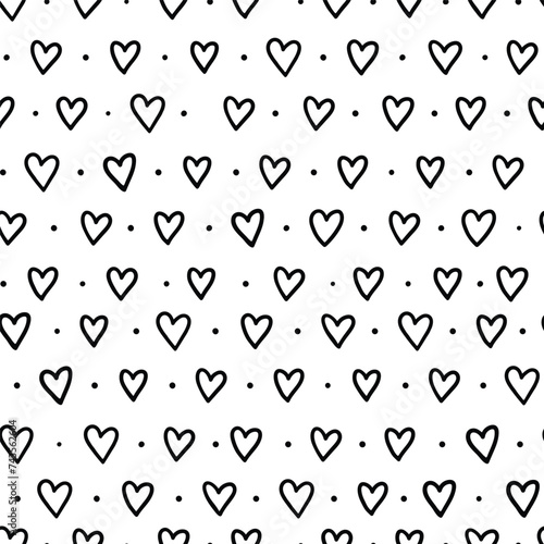 Black and white hand drawn seamless pattern. Doodle hearts and dots