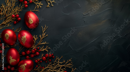 flat lay red Easter eggs with golden decoration and floral branches on black background. free space