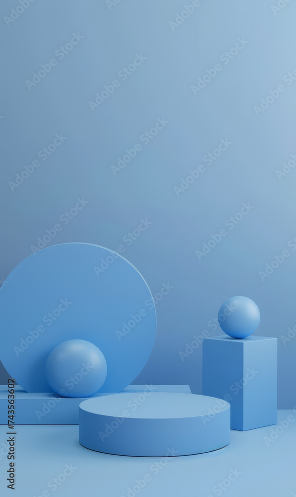 Soft blue pastel tones in a tranquil room with spheres and geometric shapes. Soft blue pastel tones in a tranquil room with spheres and geometric shapes.