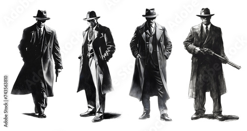 Set of four gangster drawings. Mafia members from the 30s. Black and white drawing.