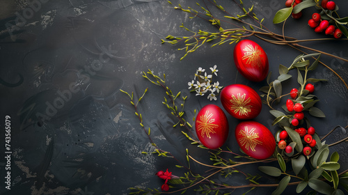 flat lay red Easter eggs with golden decoration and floral branches on black background. free space