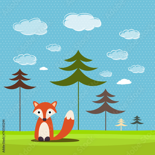 Fox  on meadow with forest trees on background  vector