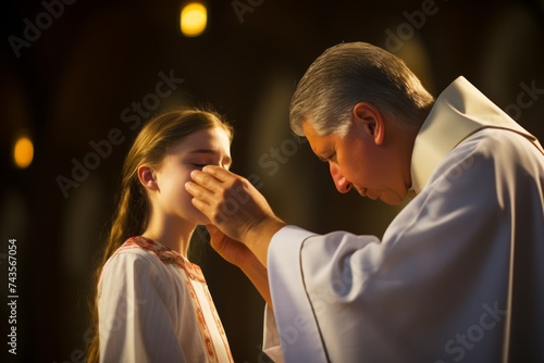 
Catholic priest administering the sacrament of Confirmation to a teenage girl with a serene expression photo