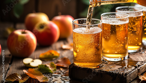 A dynamic pour captures cider's effervescence - its rich amber hue contrasting with a sunlit outdoor backdrop - highlighting freshness - wide format