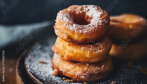 Glistening with sugary sweetness - apple cider donuts sit stacked on a plate - beckoning to be enjoyed alongside a cool glass of cider - wide format photo