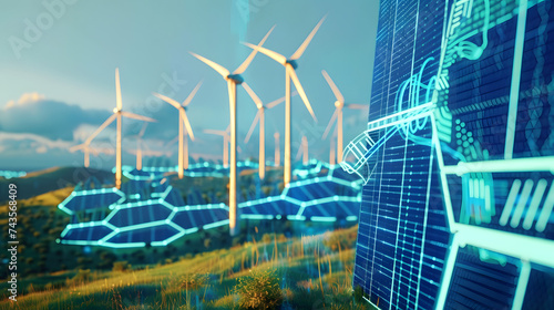 A conceptual image showcasing the integration of green energy solutions and sustainable power engineering, with symbols like wind turbines, solar panels, and eco-friendly technology.