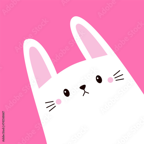 White rabbit bunny head face in the corner. Happy Easter. Cute cartoon kawaii funny baby character. Farm animal. Childish style. Flat design. Pink background. © worldofvector