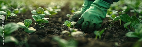 A man wearing green gloves inspects the soil quality. Generative Ai. photo