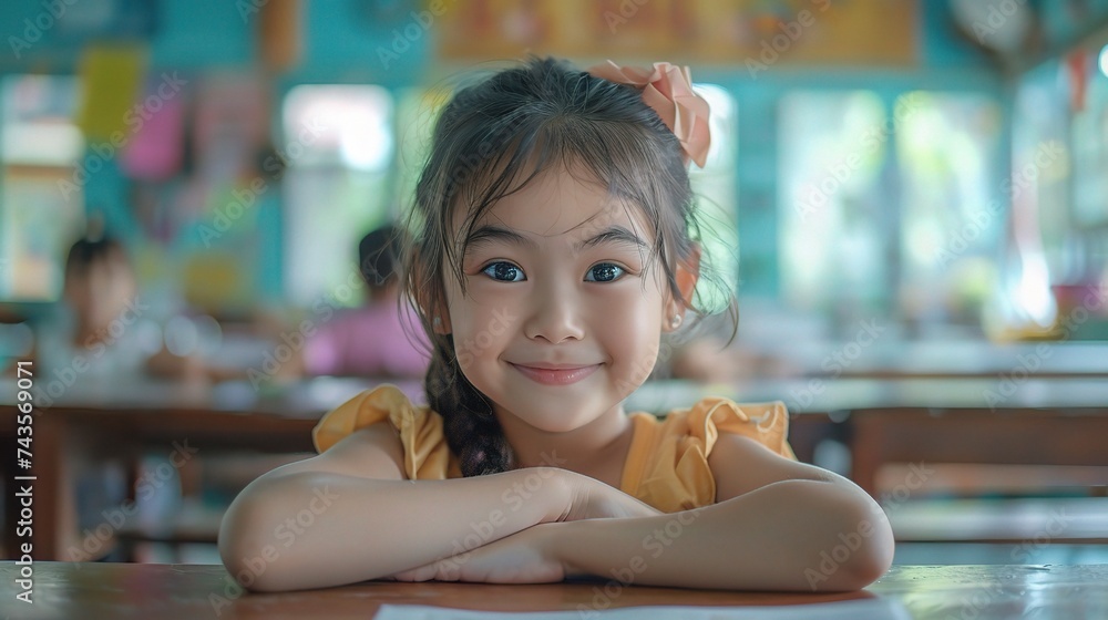 Learning, drawing and portrait of girl in classroom exam, education or studying with book. Preschool smile, development and happy kid Learning, drawing and portrait of girl in classroom exam, education or studying with book. Preschool smile, development and happy kid