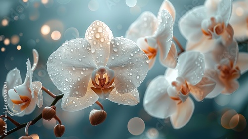 White Orchids with Dewdrops on Soft Bokeh Background.