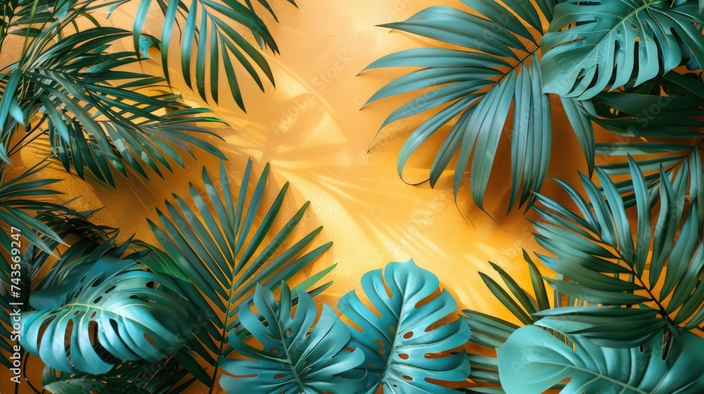 Vibrant Tropical Leaves on Sunny Yellow Background.