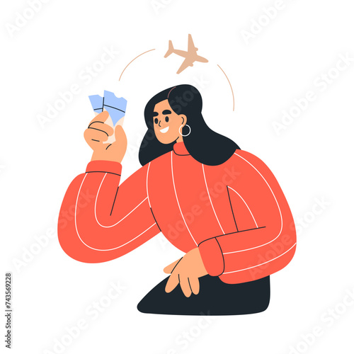 Happy tourist holding air plane tickets in hand, dreaming of airplane flight, travel. Woman passenger thinking of aircraft journey, trip. Flat vector illustration isolated on white background