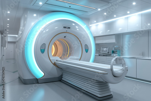 Magnetic resonance imaging device in Hospital 3D rendering . Medical Equipment